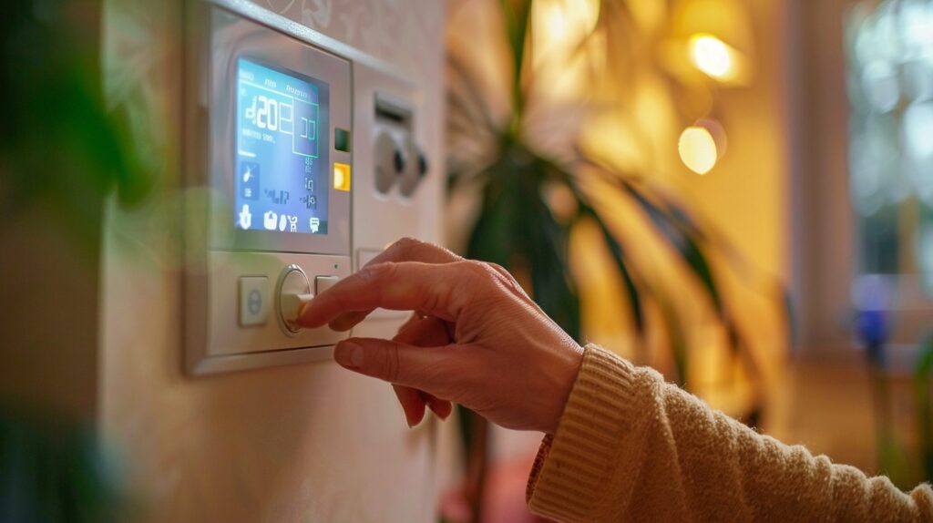 Réglage d'un thermostat digital mural affichant la température