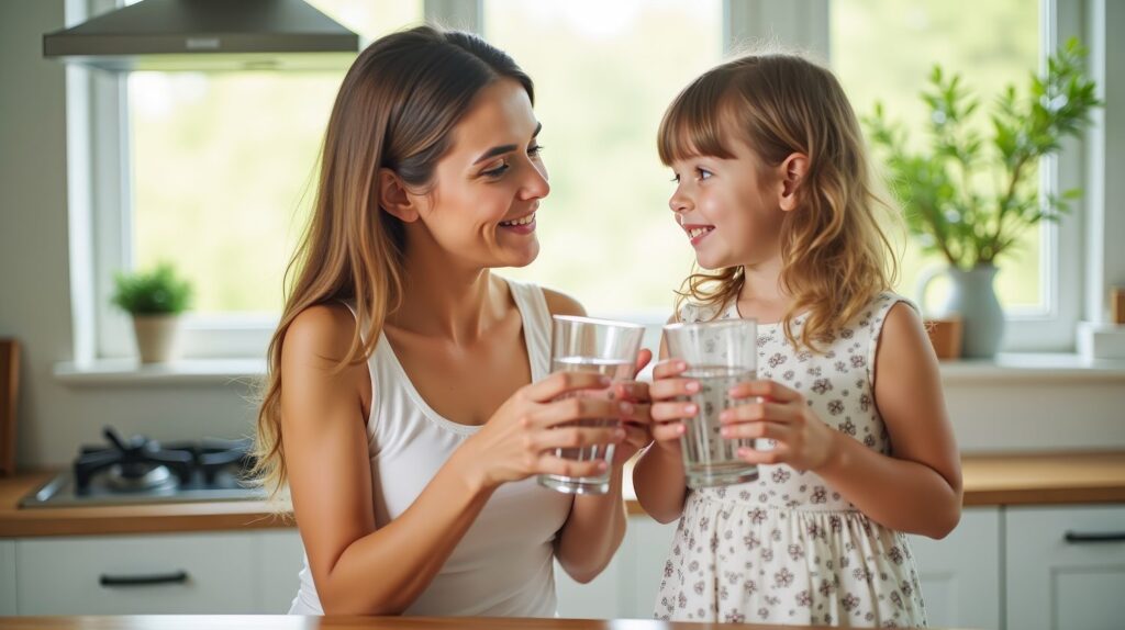 Une mère et sa fille trinquant avec un verre d'eau dans la cuisine