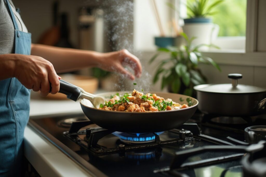 Une personne cuisinant sur une gazinière
